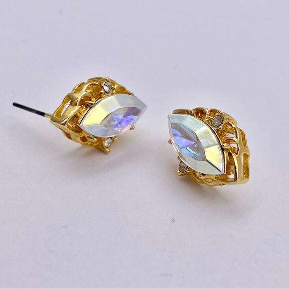 LIND 14K HGE Aurora Borealis Rhinestone Navette Post Earrings - Picture 4 of 13